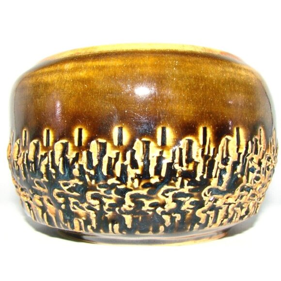 Handmade Artist Signed Pottery Bowl Planter Pot Jar Carved Cactus Decor Browns - Picture 1 of 12